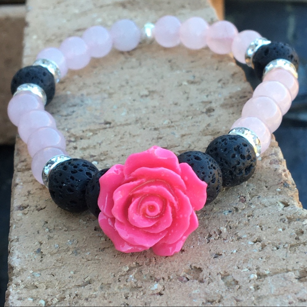 Pink Rose Quartz Black Lava Rock Diffuser Bracelet